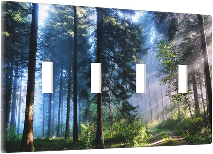 Green Landscape Forest Tree 4 Gang Device Light Switch Cover Decorative Quad Toggle Wall Plate Decorative Electrical Faceplate for Home Bedroom Art Decorate