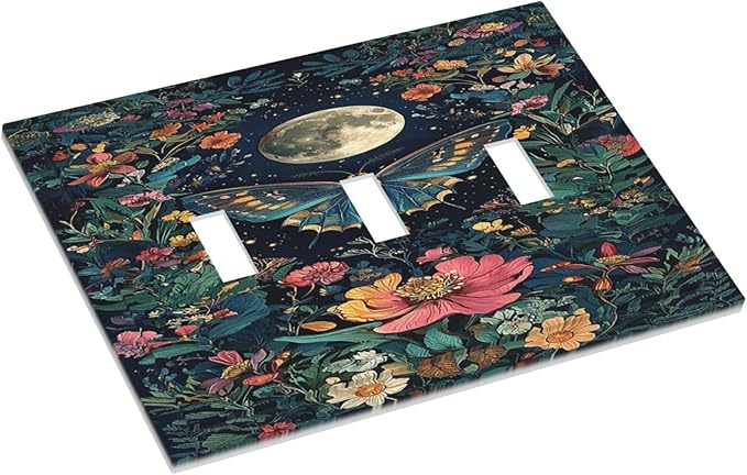 Decorative Light Switch Cover Plate Bohemian Moon Butterfly Floral 3 Gang Wall Plate Triple Toggle Switch Plate Covers Electrical Outlet Cover for Bedroom Cabin Decor