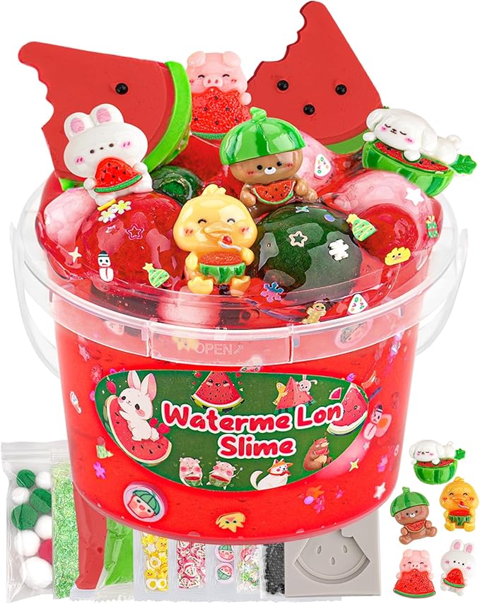 Watermelon Red Slime Kit, Clear Slime Bucket with Clay, 10 Packs of Add-ins, Slimes Party Favors for Kids, Sensory Toys Slimes Kit Birthday Easter Hallowmas for Girls & Boys Ages 8-12