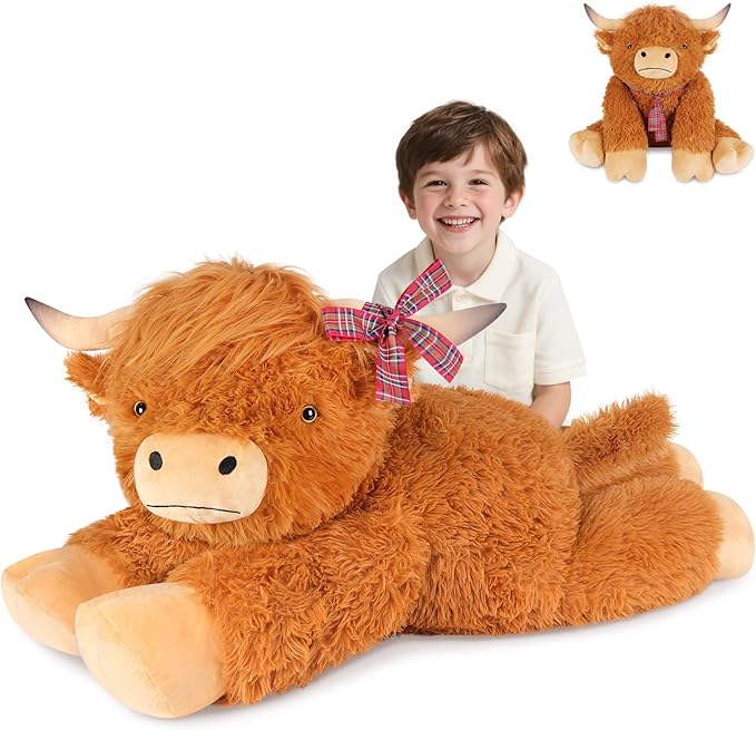 SuzziPals 43 inch Giant Highland Cow Stuffed Animals, Lifelike Big Cow Stuffed Animal for Stress Relief & Companion, Extra Soft Cute Plushies, Huge Emotional Support Plush Toys Gifts for Kids Adults
