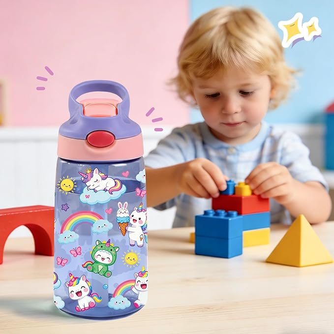 14oz Unicorn Kids Water Bottle with Straw - Rainbow Water Bottle For School, Leakproof, Lightweight, Durable Plastic Bottles for Kids Travel, Pop-Up Straw Cover, Gift Cup for Girls (Unicorn)