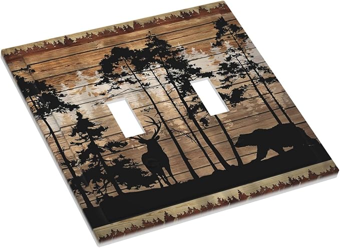 Deer Bear Elk Wildlife Decorative Double Toggle Outlet Light Switch Cover Mountain Woodland Hunting Forest Lodge Cottage Camo Jungle 2 Gang Wall Plate Electrical Faceplate Dual Device Switchplate