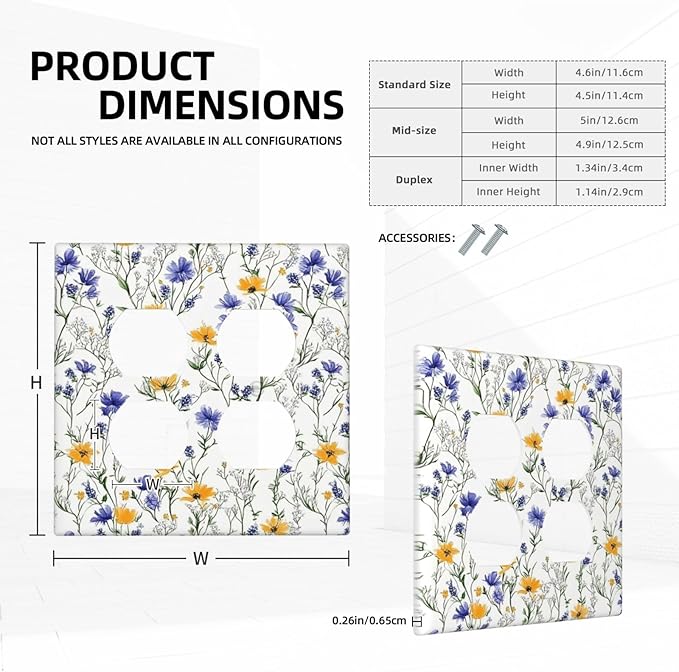 Outlet Covers Floral Colorful Green Leaf Wildflower 2 Gang Double Duplex Decorative Light Switch Covers Electrical Wallplates Socket Faceplate For Bed Room Living Room Decor