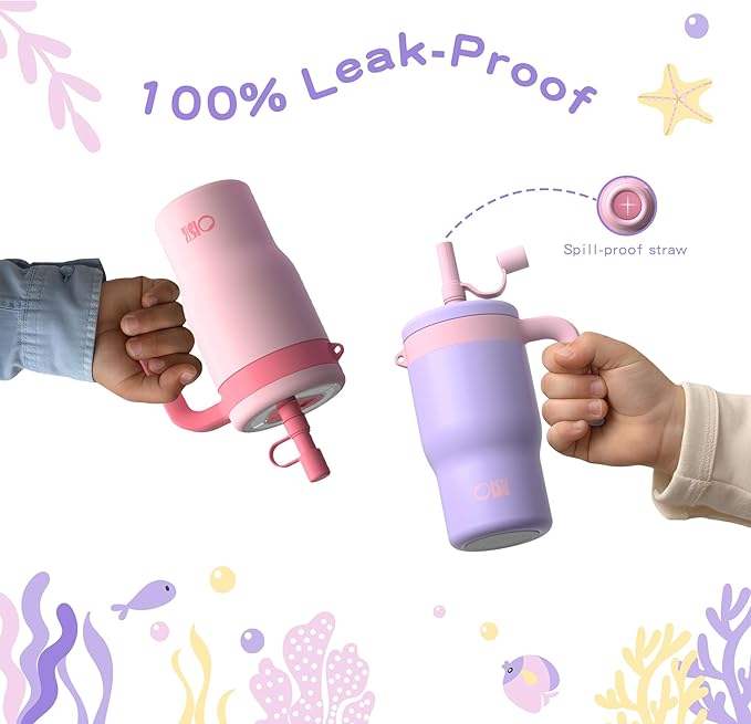 OISIZ 14oz Kids Tumbler with Straw Lid & Handle,Kids Cup with Animal Accessory for School,Kids Water Bottles with Dust-proof Cover,Leakproof Water Bottles,316 Stainless Steel,Keep Cold 24 Hours-purple