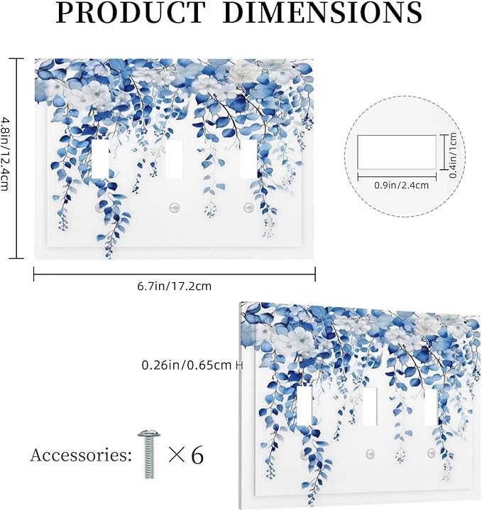 Blue Eucalyptus Leaves Floral Vine Flower Decorative Switch Plates 3 Gang Wall Plate Triple Toggle Light Switch Cover Faceplate Electrical Wall Panels for Bedroom Living Room Decor