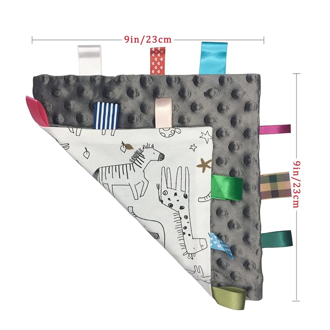 Minky Fabric Baby Security Blanket - Super Soft Sensory Comfort Towel Lovey - Elephant Giraffe Pattern, Great for Newborn to Toddler - 9 x 9 inches