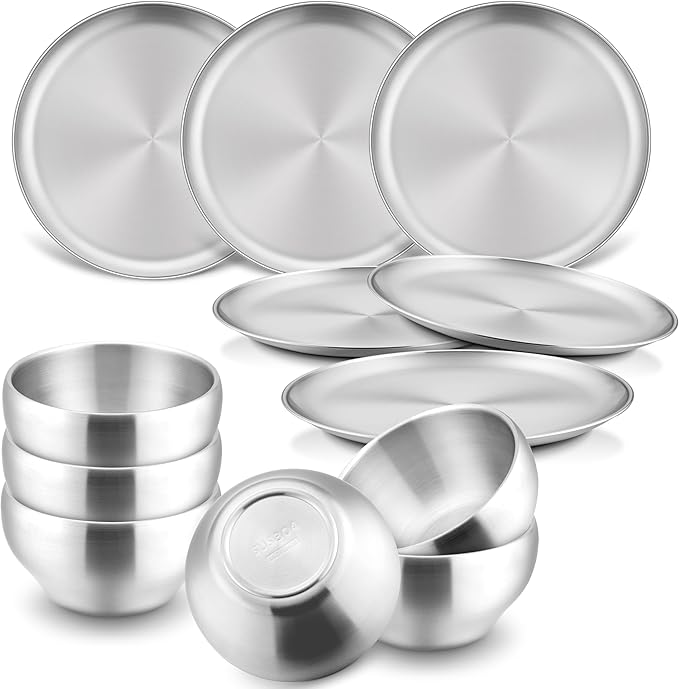 HaWare Kids Plates and Bowls, 12 Pieces Stainless Steel Dish Set, Reusable Dinnerware for Camping, Hiking, Travel, Picnic, Non-toxic Tableware set for Kids Self-feeding, Dishwasher Safe