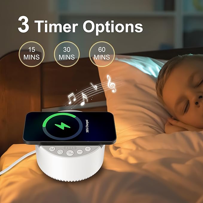 Sound Machine with Wireless Charger,White Noise Machine with Memory Function,6 Soothing Sounds,3 Timers Modes for Baby Kids Adult & Home Office Travel