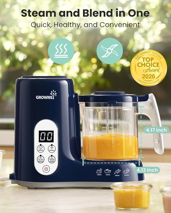 Grownsy Baby Food Maker with Steam Basket, One Step Baby Food Processor Steamer Puree Blender Grinder Mills Machine, Auto Cooking Grinding and Sterili-zing for Healthy Homemade Baby Food, Dark Blue