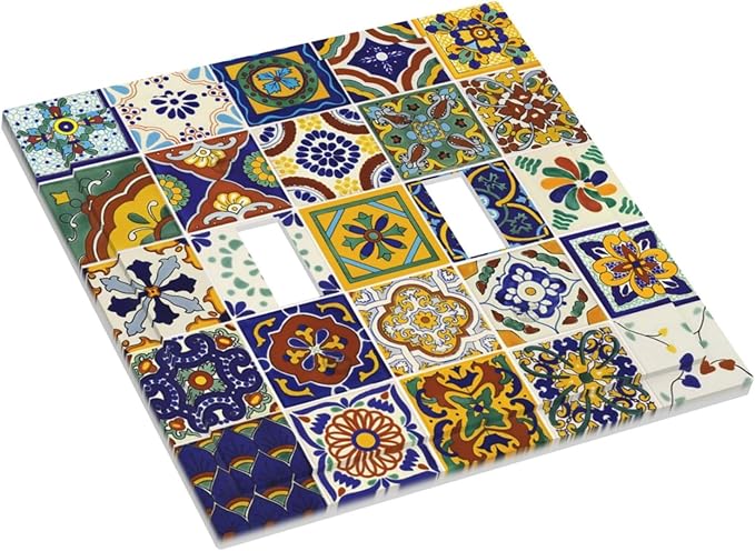 Yellow Talavera Kitchen Mexican Tile Toggle Light Switch Cover Boho Floral Mosaic Ceramic 2-Gang Electrical Decorator Dual Device Face Wallplate Decorative Double Switch Plate Covers Bathroom Decor