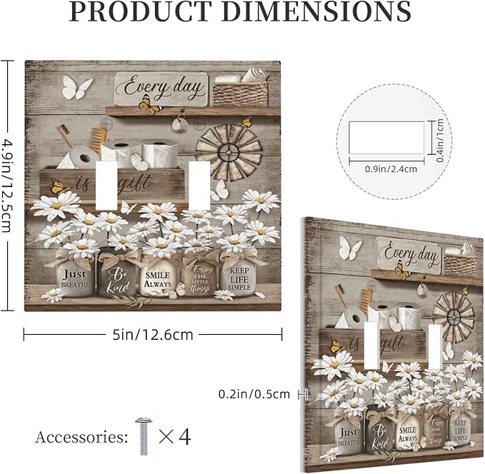 Rustic Daisy Flower Butterfly Inspirational Cottage Decorative Switch Plates 2 Gang Double Toggle Outlet Light Switch Cover Wall Plate Electrical Faceplate for Farmhouse Bedroom Decor