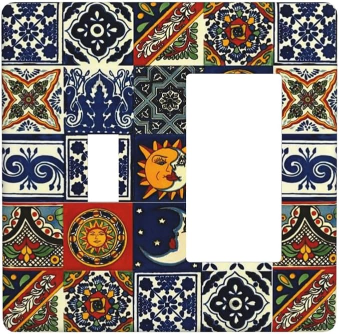 Boho Moroccan Mandala Mexican Tiles 2 Gang Single Toggle/Decorator Combination Light Switch Cover Decorative Combo 1-Toggle/1-GFCI/Rocker Wall Plate Cover