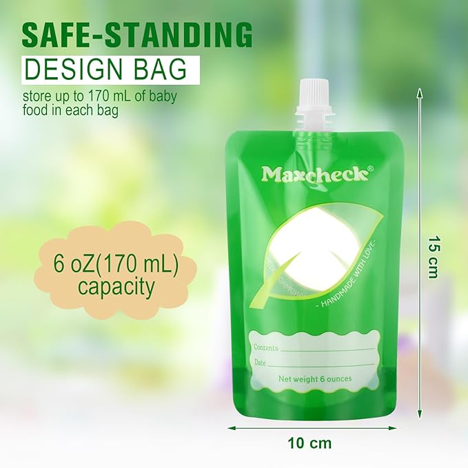 Maxcheck 100 Pack Disposable Baby Food Pouches 6oz Baby Food Storage Containers Plastic Fresh Squeezed Pouches for Kids Toddler Freezer Safe Pouch Holder for Applesauce, Purees and Yogurts