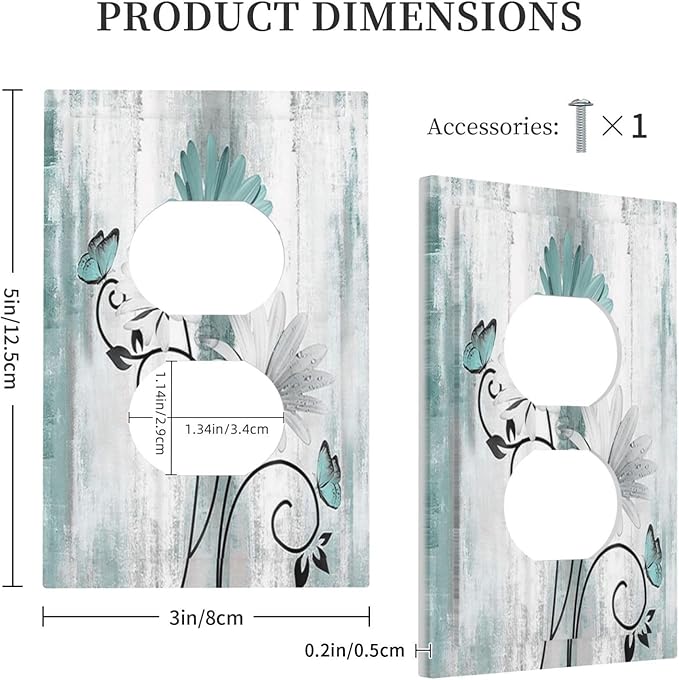 Teal Daisy Vintage Flower Butterfly Rustic Wood Print Outlet Covers 1 Gang Duplex Light Switch Cover Decorative Switch Plates Electrical Receptacle Faceplate Wall Plate for Farmhouse Home Decor