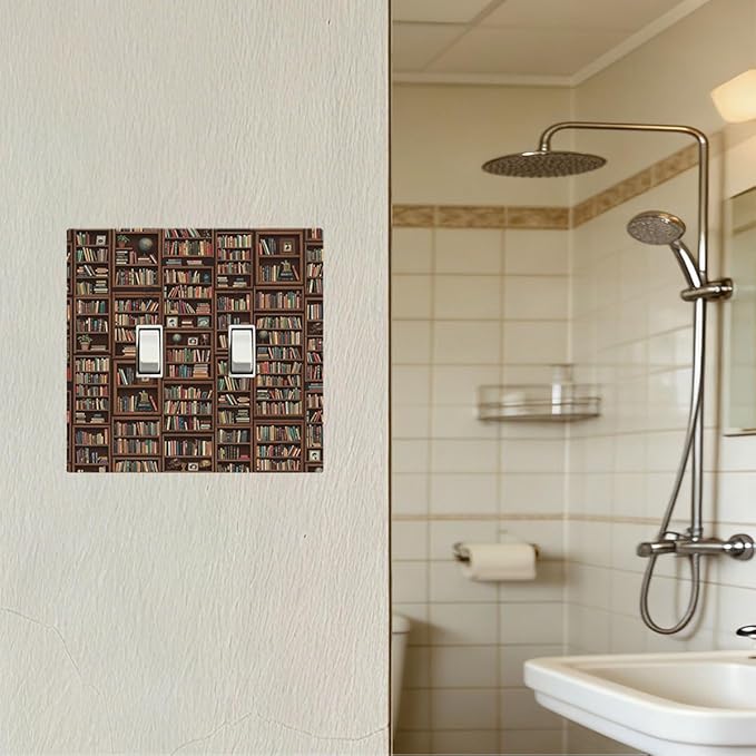 Vintage Library Bookshelf Double Toggle Switch Cover - 2-Gang Standard US Size Dark Academia Book Lover's Dream Light Switch Covers, Cozy Bookshelf for Study Room Decor