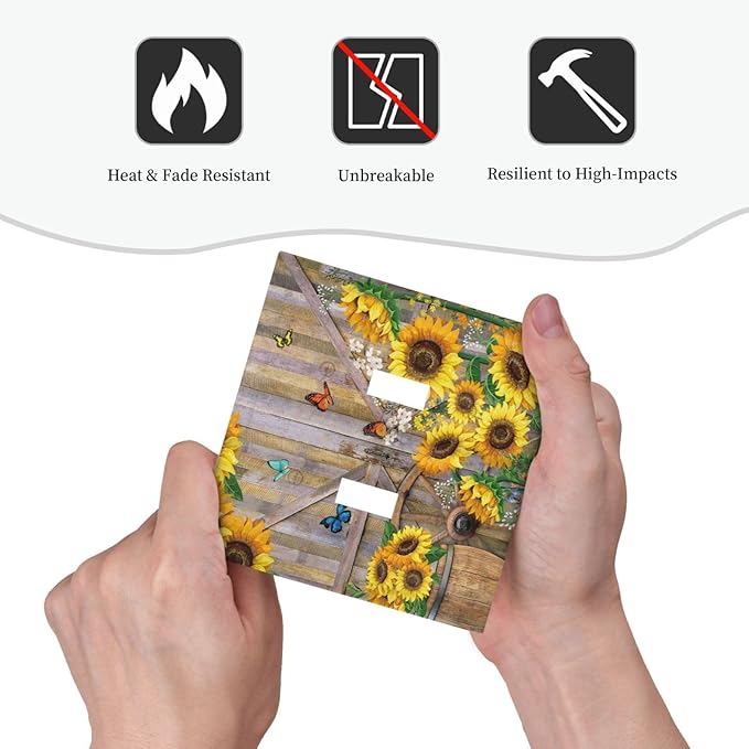 Rustic Sunflower Barn Door Wood Plank Double Toggle Light Switch Covers Decorative 2 Gang Wall Plate Electrical Faceplate Switchplate for Farmhouse Bathroom Bedroom Living Room Decor