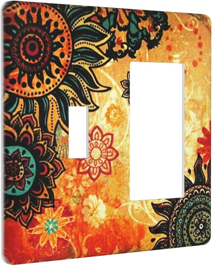 Red Mandala Boho Flower Floral 2 Gang Combination Single Toggle/Decorator Wall Plate Burnt Orange Sunflower Bohemian Combo 1-Toggle 1-GFCI/Rocker Outlet Light Switch Dimmer Receptacle Faceplate Cover