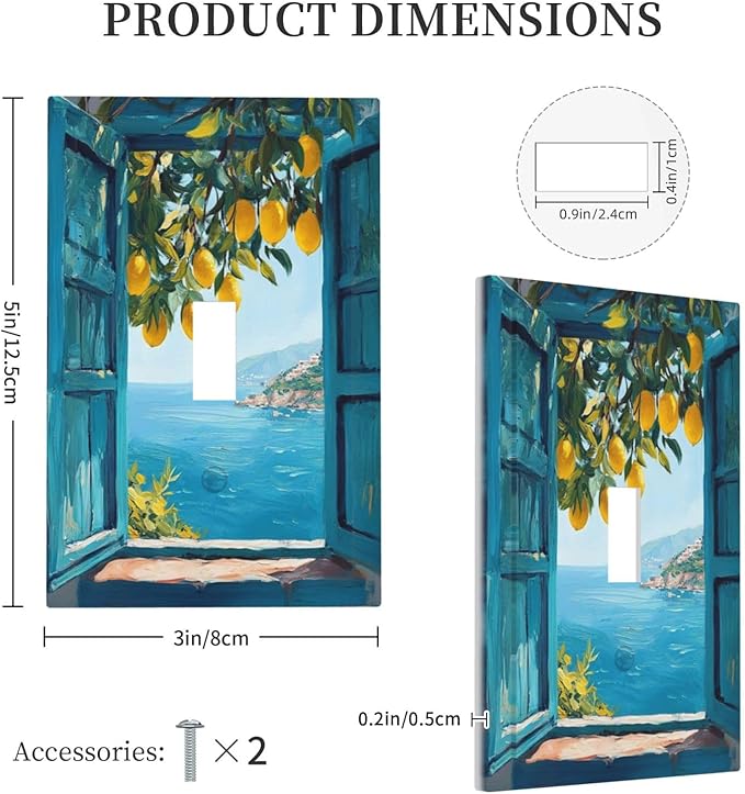 Window View Coastal Lemon Tree Mediterranean Landscape Decorative Light Switch Cover 1 Gang Single Toggle Device Electrical Faceplate Switchplates Decorator Outlet Wall Plate for Bedroom Living Room