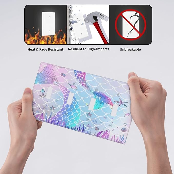 Cartoon Blue Purple Pink Girl Mermaid Scales Tail 4 Gang Quad Toggle Decorator Light Switch Cover Girly Kids Nursery Cute Conch Underwater Theme Wall Plate Decorative Electrical Faceplate Switchplate