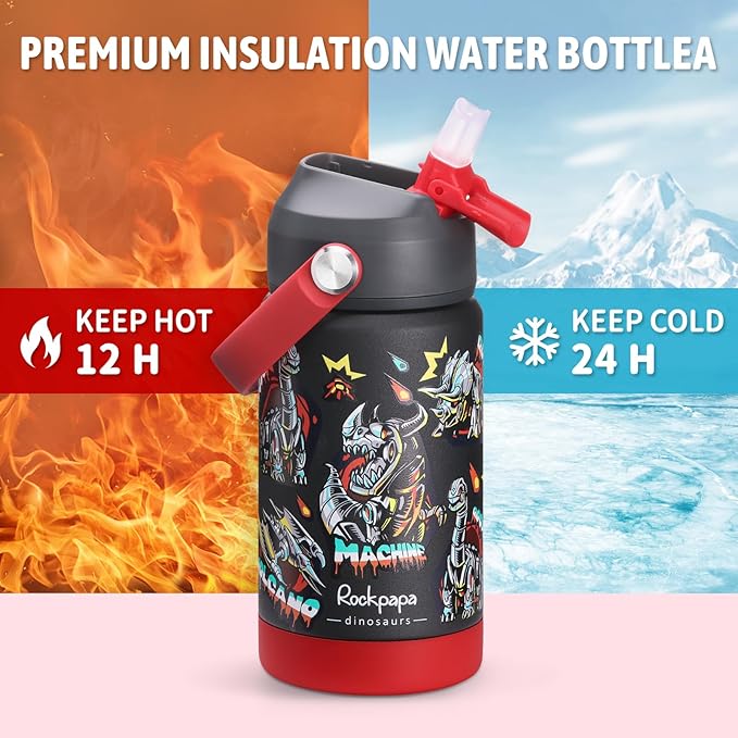 rockpapa 14 oz Kids Insulated Water Bottle，Stainless Steel Toddler Cups with Straws, BPA Free, Leak-Proof, Kids Water Bottle for School Boys&Girls (Black Dinosaur)