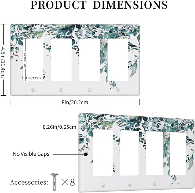 Decorative Outlet Covers Green Eucalyptus Boho Olive Leaves Country 4 Gang Wall Plate Cover Quad Rocker Decora Light Switch Covers Plate Jumbo Electrical GFCI Switch Plate Cover