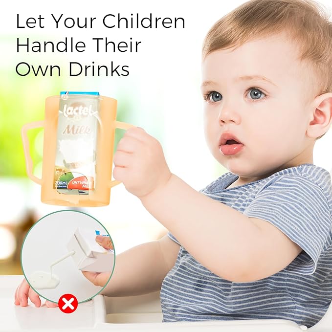 Momcozy Baby Pouch Holder No Squeeze for Food Pouches and Drink Boxes, Allows Baby to Self-feed and Avoid Messes, Baby Food Pouch Holder Handle is Easy to Grip, Comfortable, Green&Orange