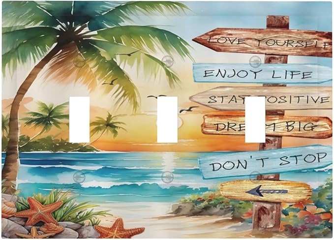 Tropical Beach Palm Tree Summer Coastal Ocean Sunset Decorative Switch Plates 3 Gang Wall Plate Triple Toggle Light Switch Cover Faceplate Electrical Wall Panels for Bedroom Living Room Decor