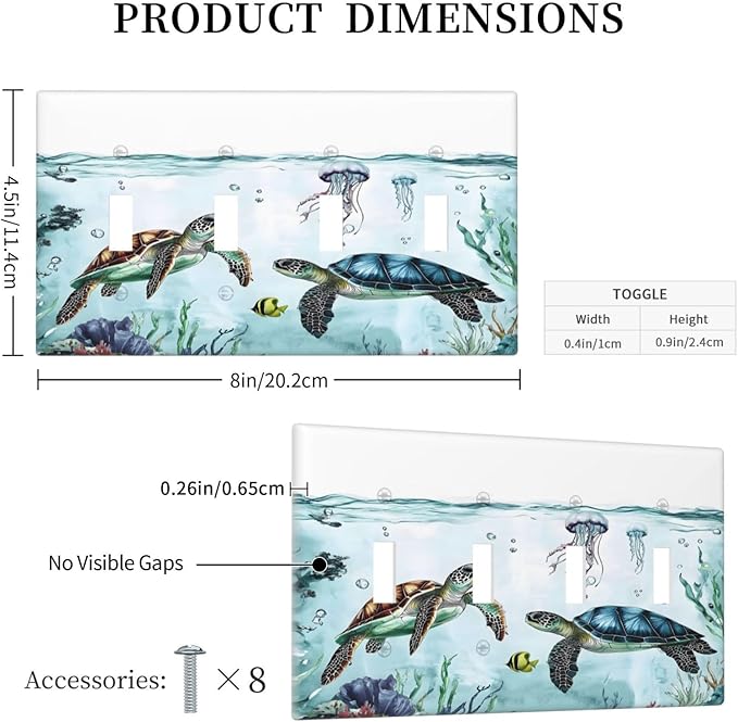 Sea Turtles Sea Coral Seaweed Ocean Jellyfish Light Switch Covers Quad Toggle Electrical Faceplate 4 Gang Wall Plate Decorative Switch Plates for Kids Room Bathroom Decor
