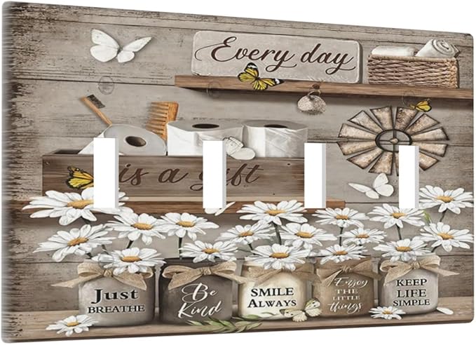 Rustic Daisy Flower Butterfly Inspirational Cottage Light Switch Covers Quad Toggle Electrical Faceplate 4 Gang Wall Plate Decorative Switch Plates Cover for Farmhouse Bedroom Decor