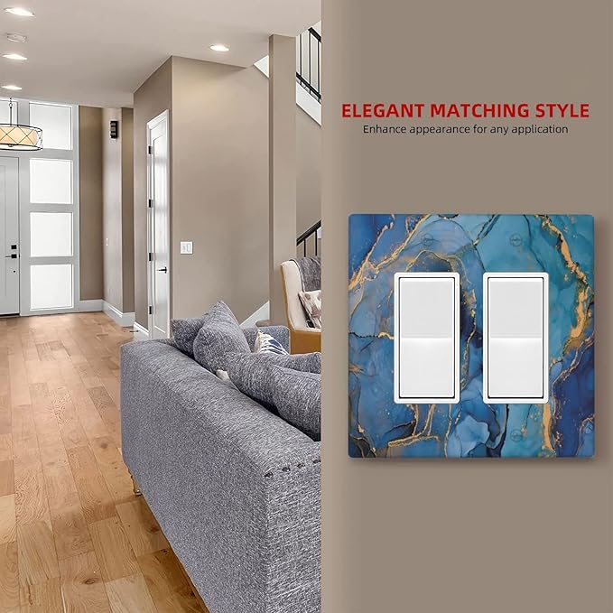 Blue Marble Double Rocker Wall Plate Decorative 2 Gang Light Switch Cover Modern Ombre Watercolor Ink Art Gfci Electrical Switchplate Home for Bathroom Bedroom Kitchen Decor 4.6"X4.5"