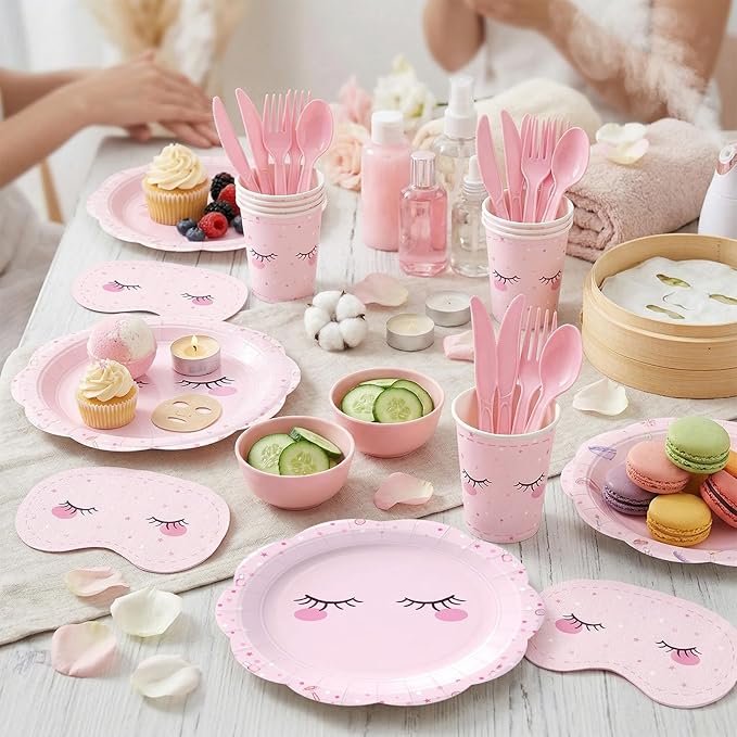 168Pcs Spa Paper Plates Napkins Pink Slumber Spa Tableware Set Sleepover Girls Makeup Birthday Party Supplies for Pajama Party Decorations Serves 24 Guests