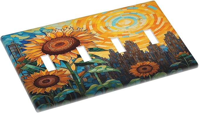 Abstract Sunflower Graffiti Floral Paint Art Flower Light Switch Covers Quad Toggle 4 Gang Wall Plate Decorative Switch Plates Electrical Faceplate for Bedroom Living Room Decor