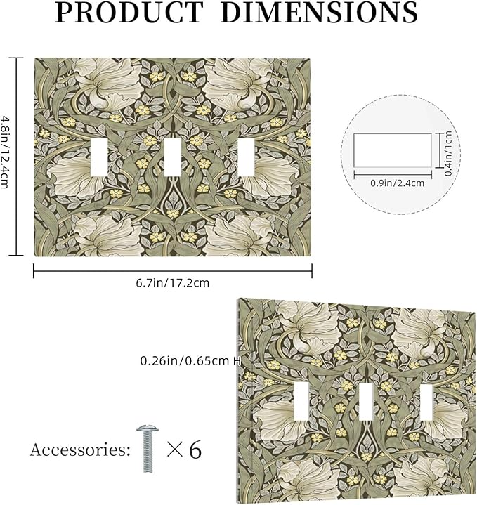William Morris Pimpernel Flowers Plant Floral Decorative Switch Plates 3 Gang Wall Plate Triple Toggle Light Switch Cover Faceplate Electrical Wall Panels for Farmhouse Living Room Decor