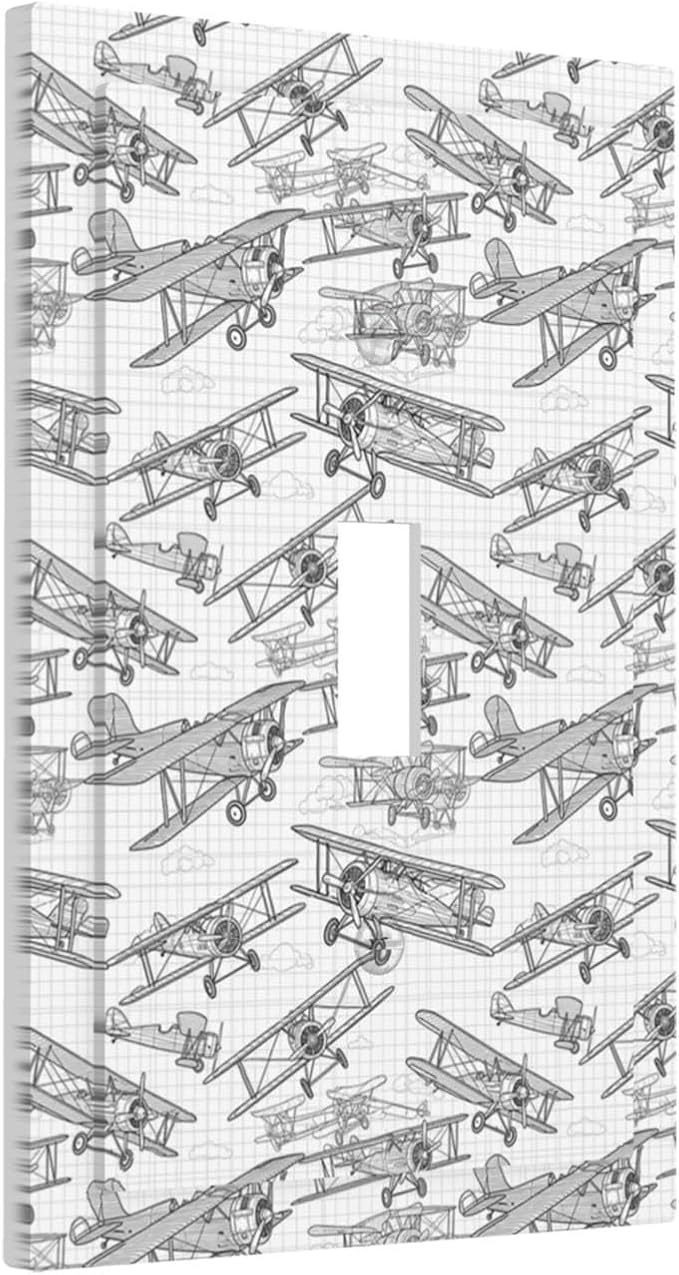 Vintage Biplane 1-Gang Toggle Light Switch Plate, Aviation Blueprint Grid Retro Pilot Dream Decorative Wall Plate for Boys Room