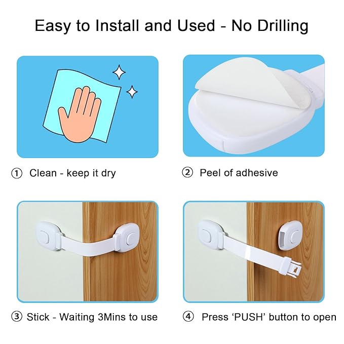 Fursafe&Q Baby Cabinet Locks, Child Safety Cabinet Proofing -Child Safety Strap Locks Adhesive Drawer Fridge Ovens Door Toilet Latches No Drill Multi-Purpose for Furniture Kitchen Lock (White, 6Pack)
