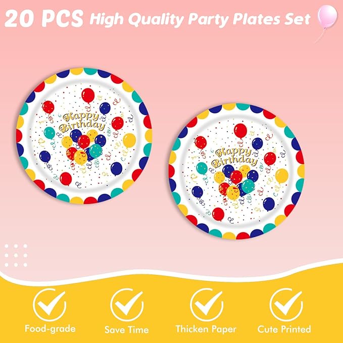 41Pcs Birthday Party Decorations Happy Birthday Colorful Balloons Disposable Paper Plates Napkins Tablecloth for Kid's Birthday Party Baby Shower Rainbow Multicolor Balloons Decor Supplies