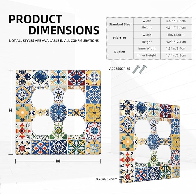 Outlet Covers Moroccan Traditional Mexican Talavera Til 2 Gang Double Duplex Decorative Light Switch Covers Electrical Wallplates Socket Faceplate for Kitchen Home Decor