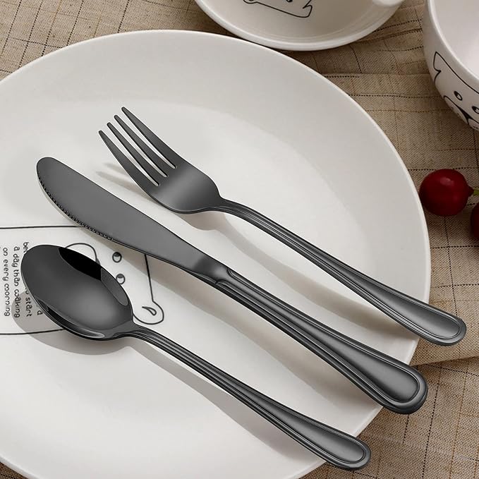 LIANYU 15-Piece Black Kids Silverware Set, Stainless Steel Toddler Utensils Flatware Set, Child Cutlery Tableware Set for 5, Include knife Fork Spoon, Mirror Finished, Dishwasher Safe