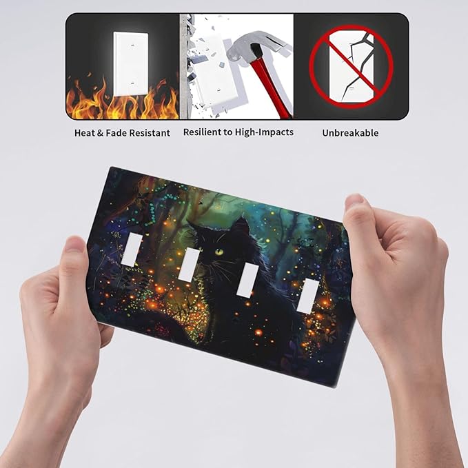 Light Switch Cover Plate Magic Fantasy Forest Mysterious Black Cat 4 Gang Quad Toggle Decorative Switch Plates Electrical Wall Plates Faceplate for Kid Room Bathroom Decor