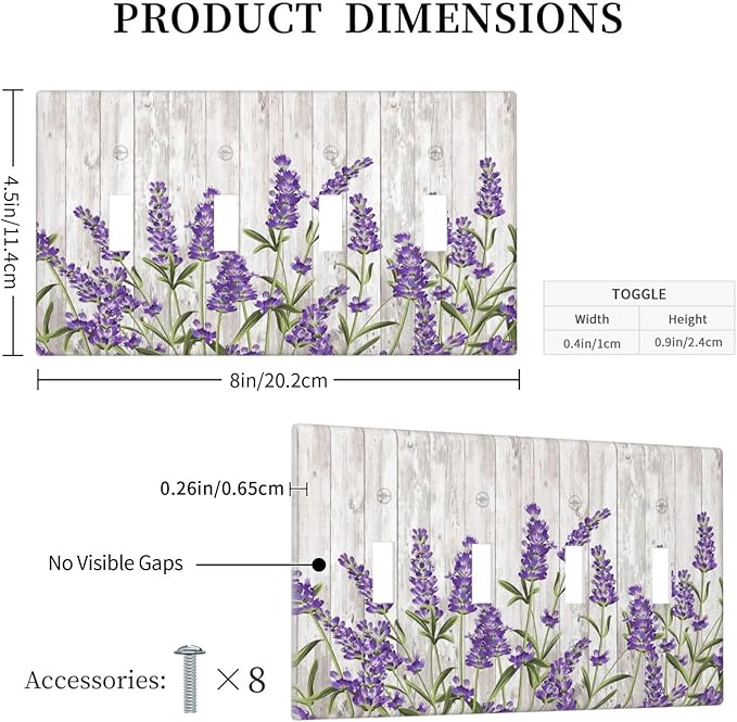 Purple Lavender Rustic Wooden Flowers Floral Plant Light Switch Covers Quad Toggle Electrical Faceplate 4 Gang Wall Plate Decorative Switch Plates Cover for Farmhouse Living Room Decor