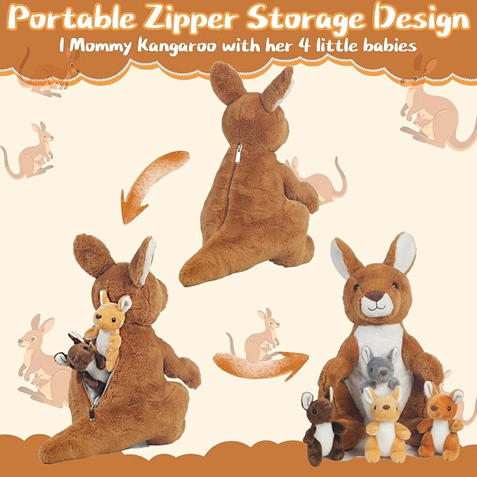 5 in 1 Kangaroo Stuffed Animal with Babies, 16'' Mommy Stuffed Kangaroo Plush Toy with 4 Baby Joey Plush and Pouch, Plush Kangaroos Set for Kids Boys Girls Birthday Christmas Plush Gifts Party Favors