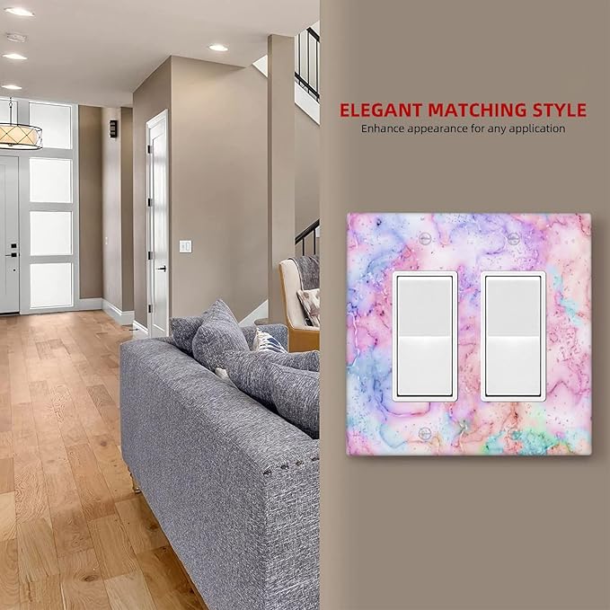 Decorative Switch Plate Covers Cute Marble Texture 2 Gang Double Rocker Decora Light Switch Cover Pink Purple Gold Abstract Dual Outlet Wall Plate Electrical Faceplate GFCI for Kids Girls Nursery