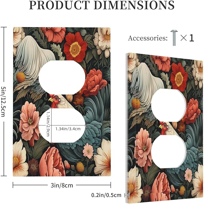 Outlet Covers Rooster Flowers Red White Chicken Floral 1 Gang Duplex Wall Plate Decorative Switch Plates Electrical Receptacle Faceplate Light Switch Cover for living Room Farmhouse Decor