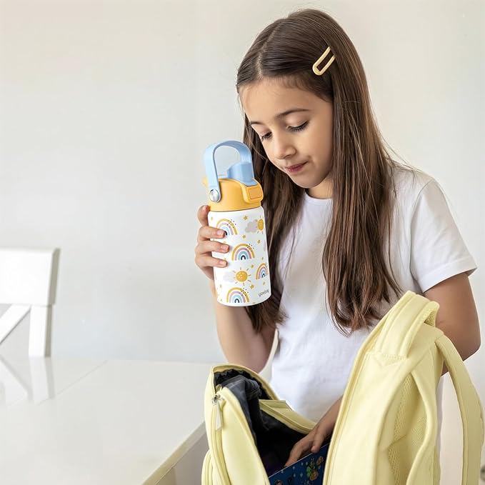 Kids Water Bottle for School 12 oz,Insulated Stainless Steel Water Bottle for Kids,Water Bottles for Toddler Girls Boys with Pop-Up Straw-Cap(Rainbow)