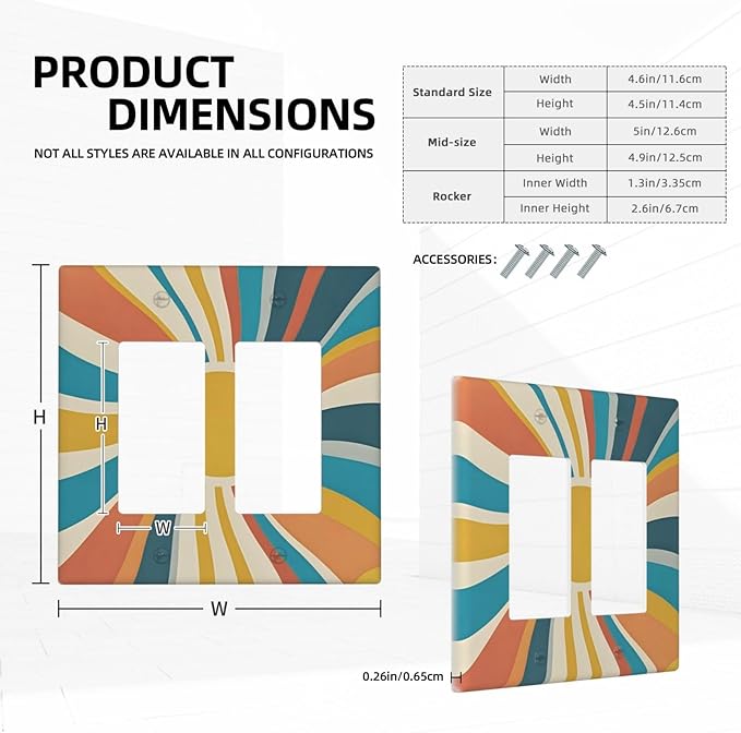 Decorative Outlet Covers with Retro Mid-Century Modern Sunburst Motif Design 2 Gang Wall Plate Double Rocker Light Switch Cover Switch Plate Cover for Abstract Teal/Yellow/Orange Wall Decor