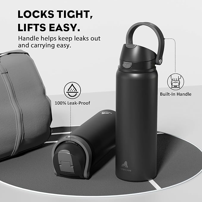 POWCAN 32 oz Stainless Steel Water Bottle for Sports: One-hand Push Button Lid, Leakproof, Keep Cold 24Hrs, Stainless Steel Cup with Straw for Camping, Outdoors, Workout, Travel (Midnight Black)