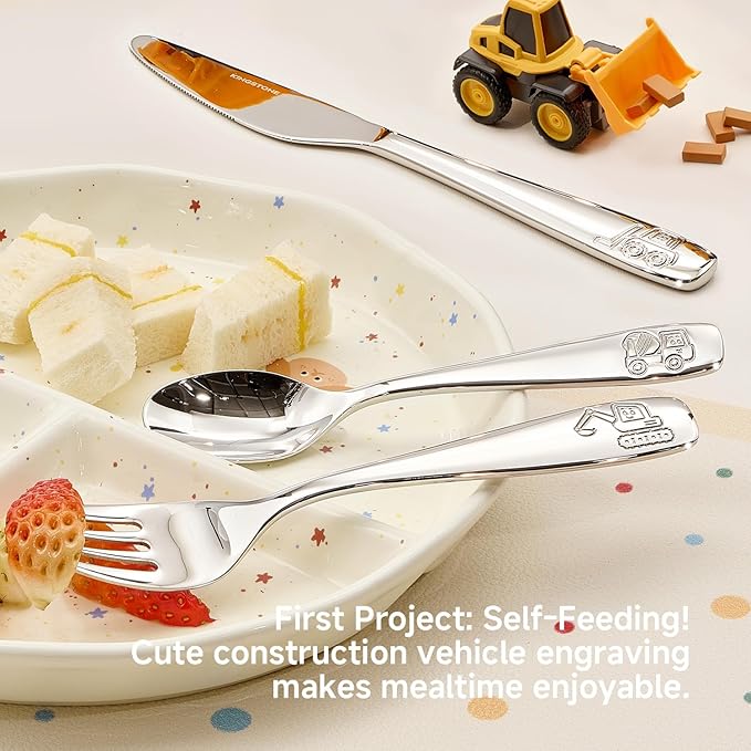 KINGSTONE Kids Silverware Set 3 Pieces, 18/10 Stainless Steel Fork, Spoon & Knife, Construction Vehicle, Digger & Dump Truck Kids Utensils, Food-Grade, Dishwasher Safe for Children Daily Use