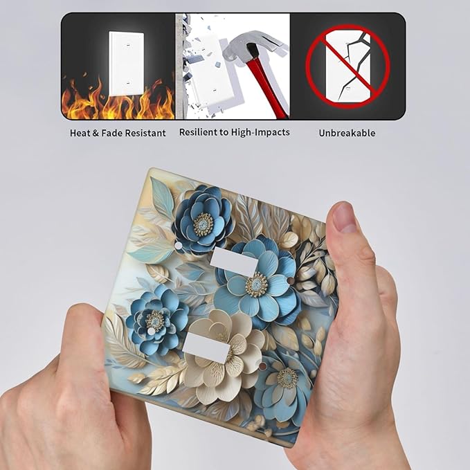Decorative Art Light Switch Covers Blue and Creamy Floral 2 Gang Double Toggle Wall Plate Decorative Switchcover Electrical Switchplate for Home Decor