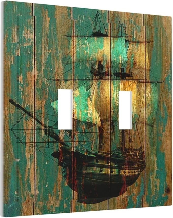 Decorative Switch Plates Rustic Green Wood Grain Sailboat 2 Gang Double Toggle Wall Plate Outlet Light Switch Cover Electrical Faceplate for Farmhouse Bedroom Decor