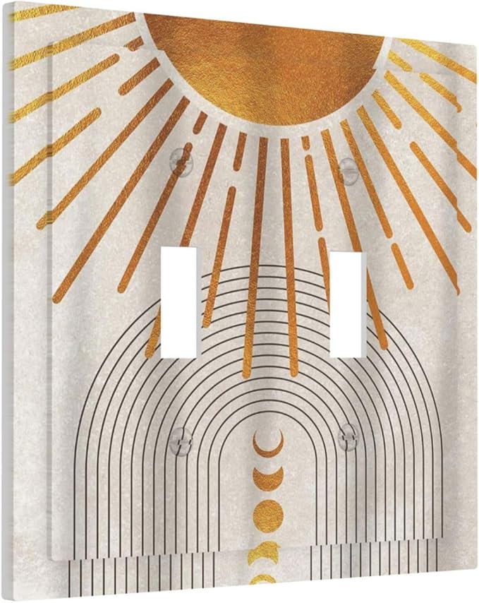 Mid Century Gold Sun Abstract Arch Boho Moon Double Toggle Light Switch Covers Decorative Unique 2 Gang Wall Plate Dual Electrical Faceplate Switchplate for Kitchen Bedroom Living Room Decor